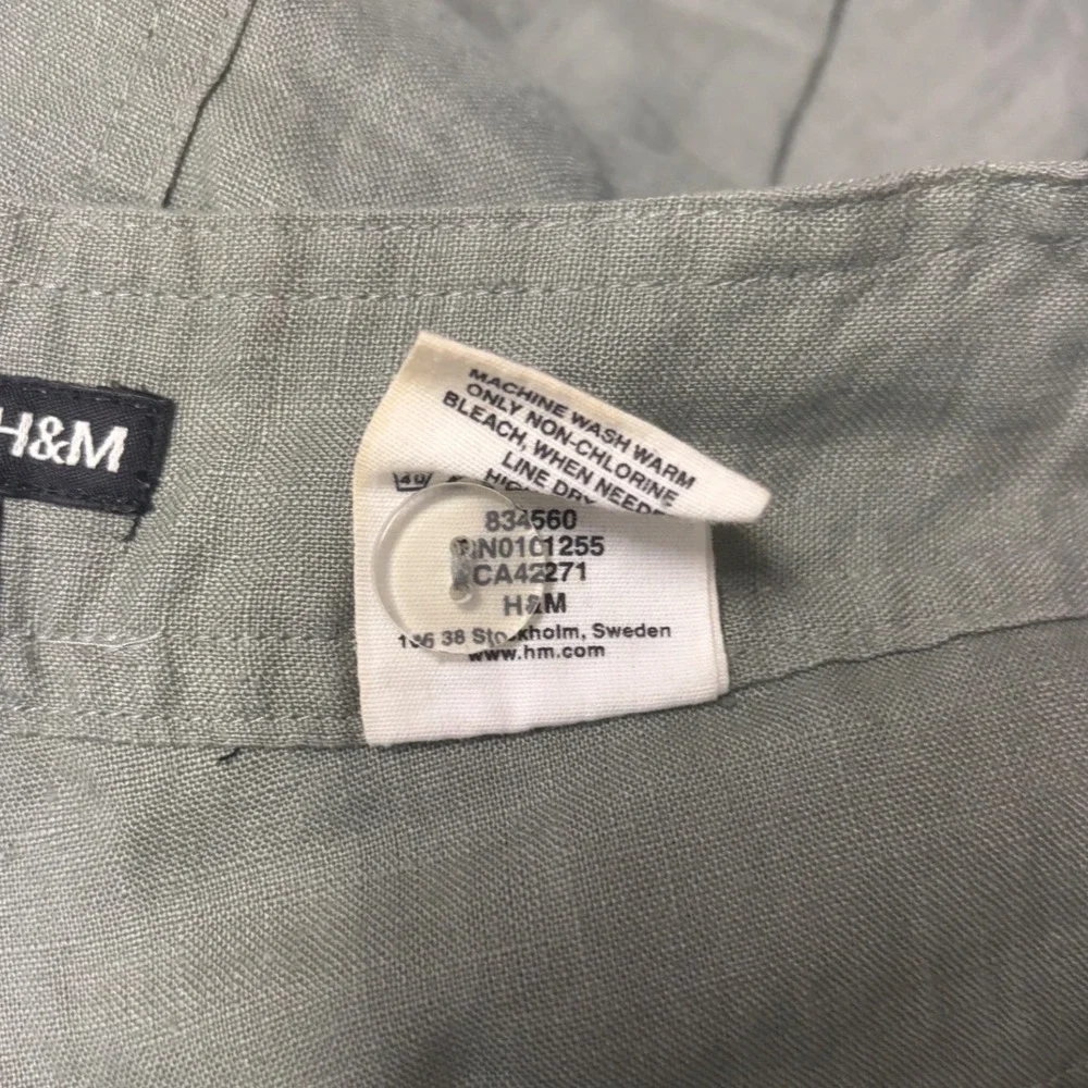 H&M Sage Green 100% Linen Wide Leg Cargo Trousers Utility Boho Size 10